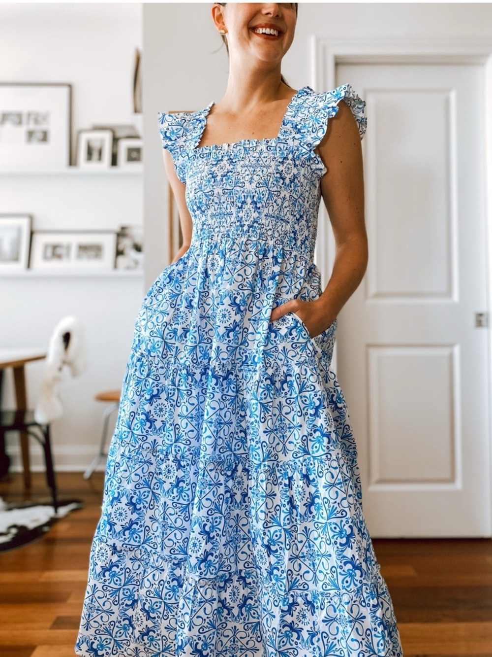 Hill House Home Blue Tile Print Smocked Midi Dress – Size Medium - Picture 6 of 16